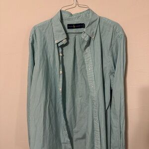 Vintage Ralph Lauren Mens Large Button Down Shirt Green White Stripe Classic Fit